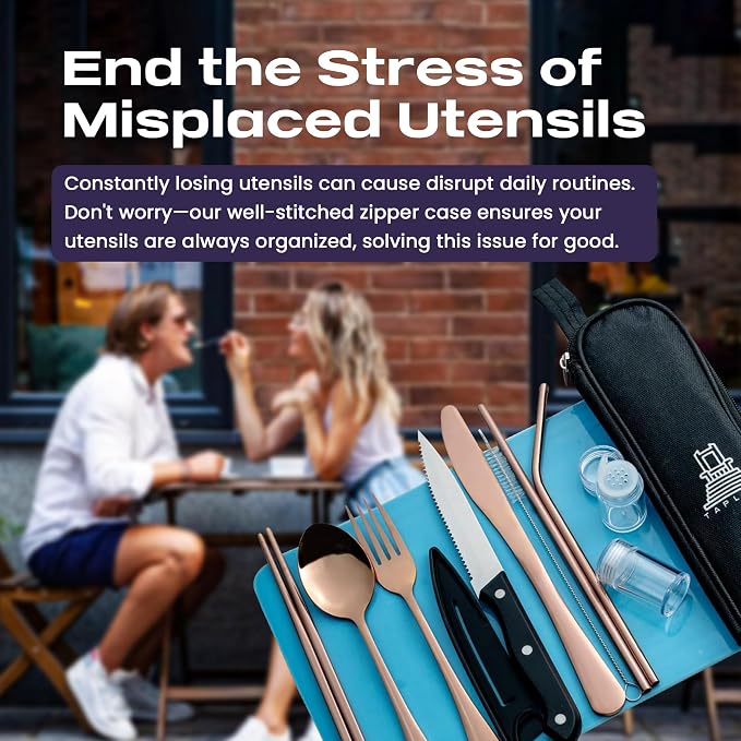 Taplord Portable Travel Silverware Set With Case, Includes 10 Pcs of Travel Utensils With Case, Stainless Steel Flatware Set For Camping, Lightweight (Rose Gold)