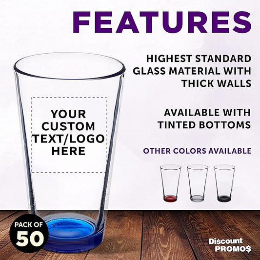 Custom Libbey Pint Glass 16 oz. Set of 50, Personalized Bulk Pack - Beer Glasses, Heavy Duty Drinkware - Blue