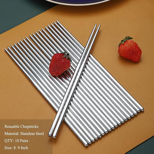 10 Pairs Reusable Chopsticks, Stainless Steel Metal Chop Sticks, Japanese Chinese Korean Chopstick Dishwasher Safe, 8.9 Inch (Silver / Chop sticks)