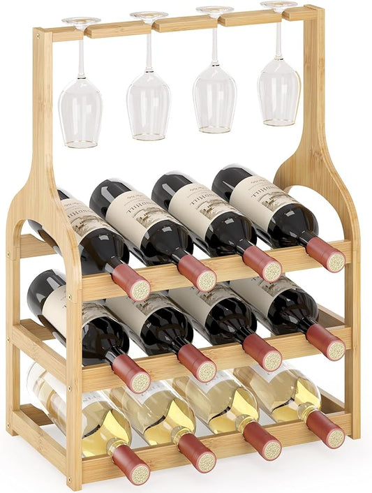 Bamboo Small Wine Rack Countertop, Freestanding Bottle Storage Holder | 12 Wine Bottles and 4 Glass Holder | Wooden Wine Storage Organizer Shelves for Kitchen Bar, Cellar, & Dining Room | Natural