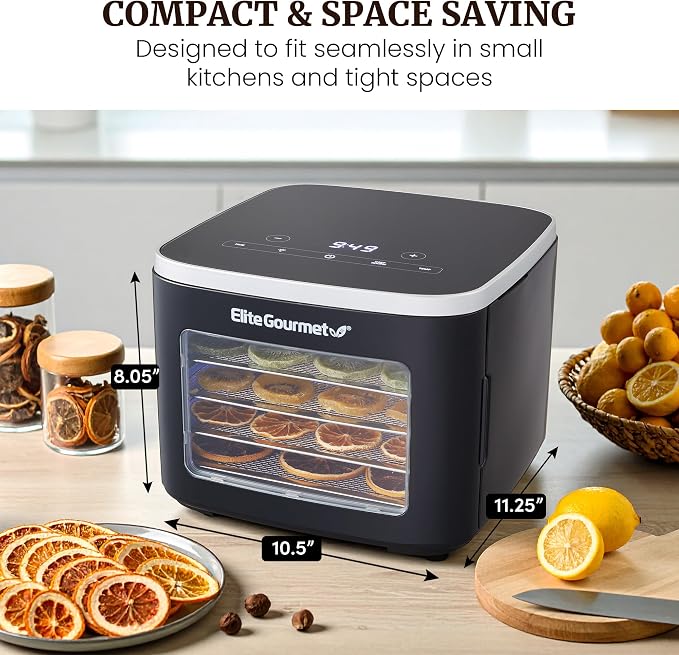 Elite Gourmet 5-Tray Digital Food Dehydrator with Stainless Steel | Adjustable Temp & Timer, Keep Warm, Light, Black, EFD809D
