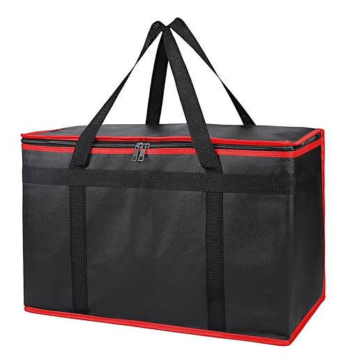 Bodaon Insulated Food Delivery Bag, XX-Large Reusable Grocery Shopping Bags, Picnic Cooler Bag Zipper/Zippered Top Cold, Black with Red Edge, 1-Pack | Reusable Grocery Shopping Bags, Picnic Cooler Bag, Zipper/Zippered Top Cold, Commercial Catering Pizz...