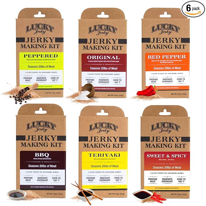 Lucky Jerky DIY Beef Jerky Seasoning and Cure Kit, 6 Flavors, 72 Oz | Make Your Own with Sweet and Spicy, Peppered, Red Pepper, Teriyaki, BBQ, and Original, Seasons 120lbs of Meat