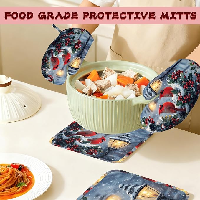 Christmas Berries Heat-Resistant Silicone Oven Mitts and Pot Holder 4 Piece Set,Cardinal Non-Slip Kitchen Oven Gloves for Baking, BBQ, Cooking,Grilling