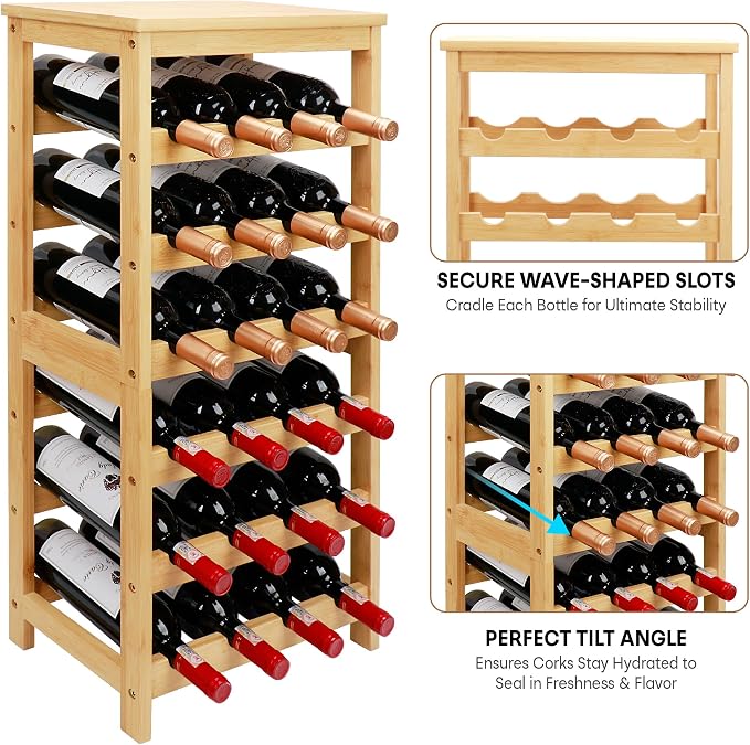 Wine Rack Free Standing Floor, 6-Tier 24 Bottles Display Wine Storage Shelves with Table Top, Easy-Assembly Freestanding Bamboo Wine Racks for Kitchen Dining Room Bar, Natural