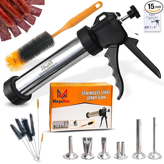 MogaMax Large Capacity Jerky Gun Kit Stainless Steel Shooter & Cannon, Beef & Deer Meat Maker with 6 Nozzles, 7 Cleaning Brushes & Meat Pusher Sausage Maker for Home, BBQ & Gifts for Men & Women