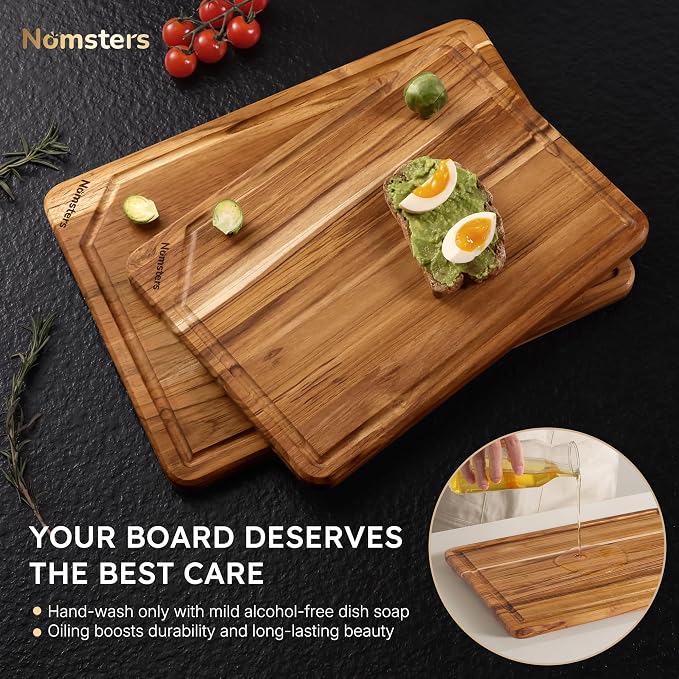 2 Pack Teak Cutting Boards for Kitchen Wood Wooden Cutting Board Non Slip | Non Toxic, Over Sink, NOT Bamboo Stainless Steel Titanium Acrylic Acacia Olive, Space-Saving, Best Kitchen Gift for Mom