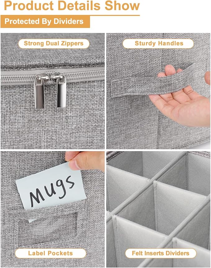 punemi Mug Storage Organizer, 2-Pack Hard Shell Boxes for Packing & Moving | Hard shell sides and bottom with padded dividers for a set of 12 mugs or tea cups; stackable for packing and moving