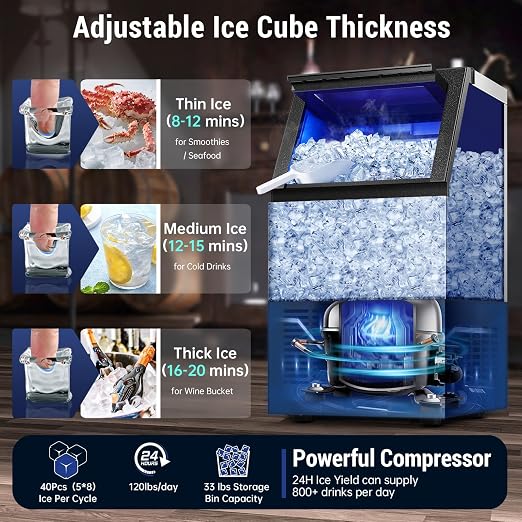 Amzgachfktch Commercial Ice Maker 120lbs/24H with 2 Water Inlet, Ice Maker Machine with 33lbs Storage, Auto Self-Cleaning, Under Counter/Freestanding Ice Maker for Home Shop Bar