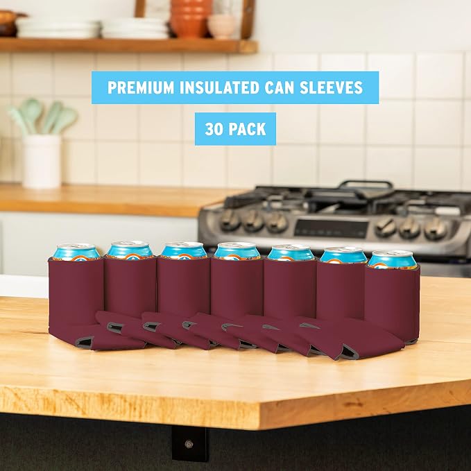 Blank Beer Can Coolers Sleeves (30-Pack) Soft Insulated Beer Can Coolies - HTV Friendly Plain Koolies in Bulk for Beer Cans & Bottles - Coolie Blanks for Vinyl Projects & Wedding Favors (Burgundy)