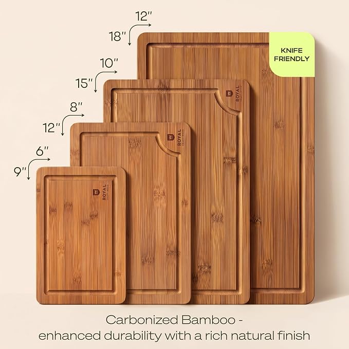 ROYAL CRAFT WOOD Wooden Cutting Boards for Kitchen Meal Prep & Serving - Bamboo Non Toxic Cutting Board Set with Deep Juice Groove Side Handles - Charcuterie & Chopping Butcher Block for Meat (4 Pcs)
