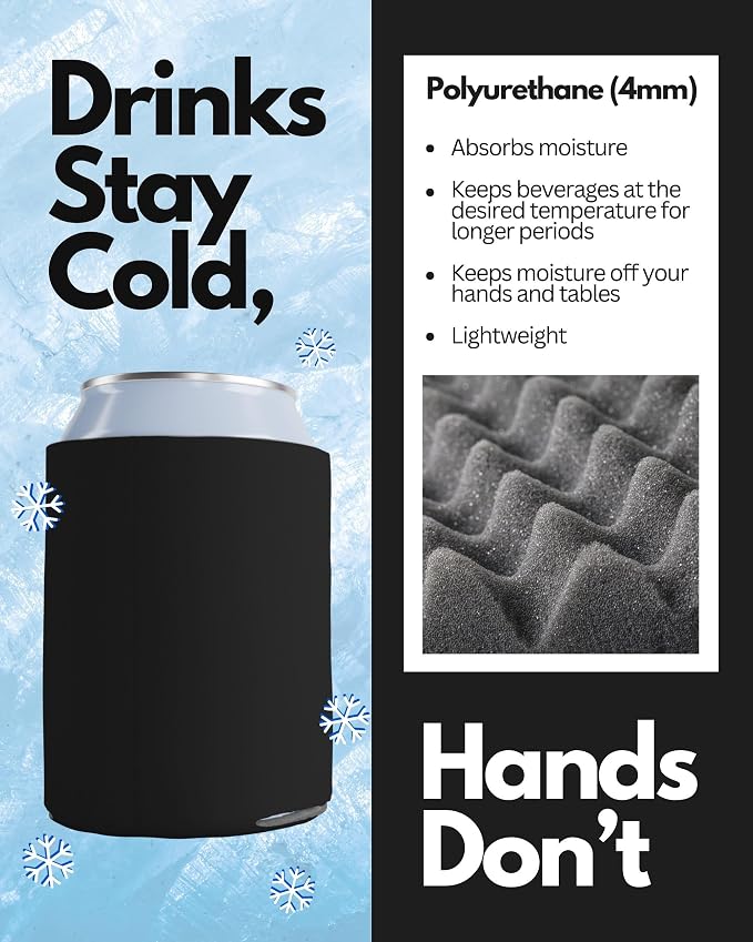 PartyPrints 100 Pack Black Blank Can Cooler Sleeves, Customizable Bulk Insulated Foam for Beer, Collapsible Plain Drink Holder, Cold Soda Insulator, 12oz Regular, 16oz Tall Cans
