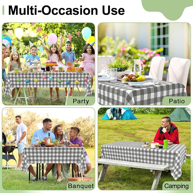 6 Packs Buffalo Disposable Table Cloth, 54 x 108 Inch Waterproof Plastic Tablecloth, Rectangle Grey and White Checkered Table Covers for Picnic, Birthday, Party, Back to School