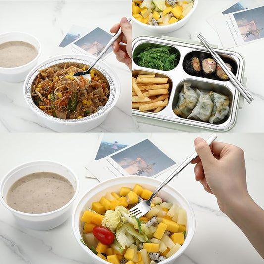 DEVICO Travel Utensils with Case, 4Pcs Korean Chopsticks Fork and Spoon Set | 18/8 Stainless Steel Portable Cutlery Set, Reusable Silverware for Lunch Box/Camping/Work/School, Dishwasher Safe, White