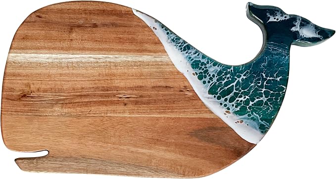 Whale Serving Board - Acacia Wood with Ocean-Inspired Epoxy (15" x 7.9"), Cute Charcuterie Cheese Tray, Unique Kitchen Décor, Cutting Board Gift for Women, Home or Party Use