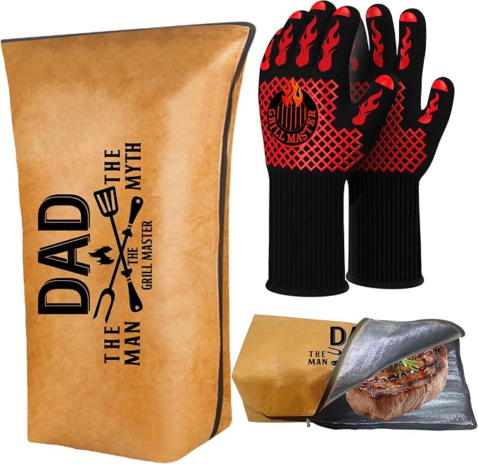Dad Gifts, Fathers Day Dad from Daughter BBQ Blanket with Grill Gloves, Meat Resting Bag for BBQ Smoking, Grilling Gloves Heat Resistant for Outdoor Grill Party on Birthday