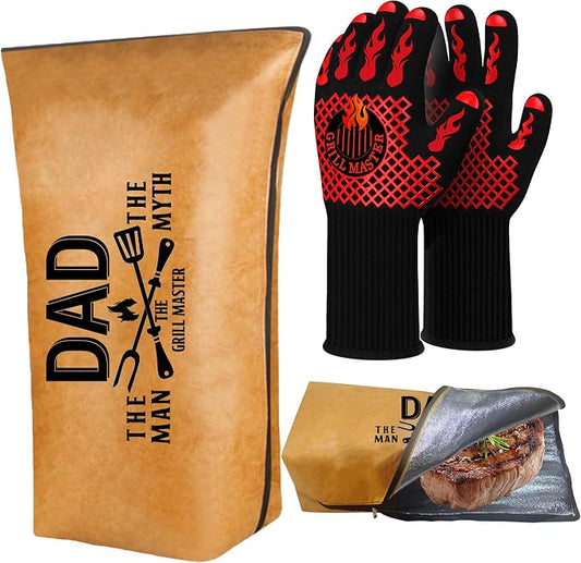 Dad Gifts, Fathers Day Dad from Daughter BBQ Blanket with Grill Gloves, Meat Resting Bag for BBQ Smoking, Grilling Gloves Heat Resistant for Outdoor Grill Party on Birthday