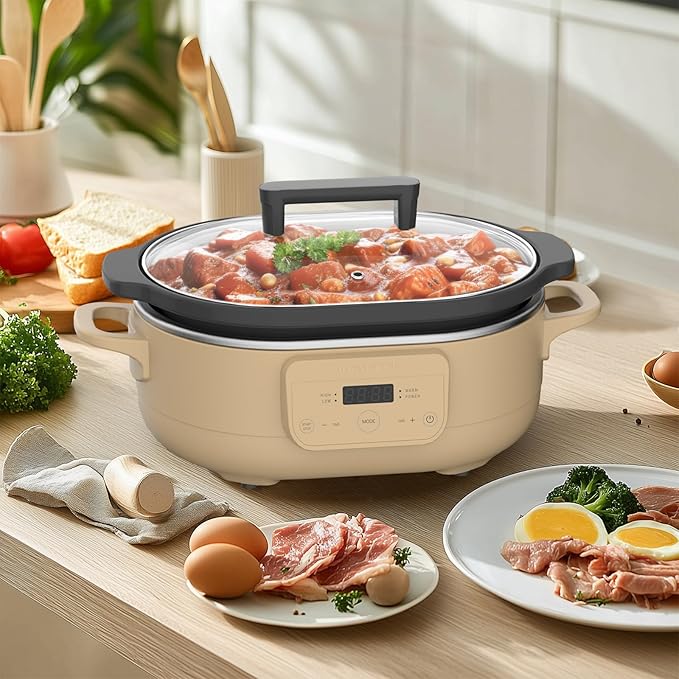 6 Quart Programmable Slow Cooker Removable Healthy Nonstick Pot - Small Kitchen Appliance for Family Dinners - Serves 6+ People - Heat Settings: Keep Warm Brown Sugar