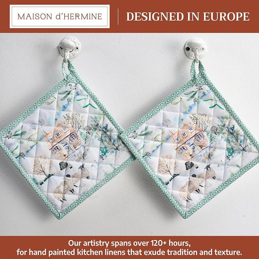 Maison d' Hermine Pot Holders 100% Cotton Potholders (8" x 8", Pack of 2) | Heat Resistant Hot Pads with Loop BBQ Cooking Baking Hotel Kitchen Handling Hot Pans Thanksgiving Christmas - Snowy World
