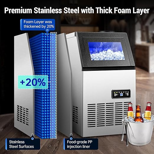 Amzgachfktch Commercial Ice Maker 120lbs/24H with 2 Water Inlet, Ice Maker Machine with 33lbs Storage, Auto Self-Cleaning, Under Counter/Freestanding Ice Maker for Home Shop Bar