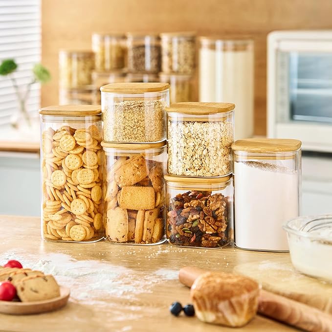 21oz - 4 Pack Square Glass Jars with Bamboo Lids, Glass Food Storage Containers with Airtight Lids, Air Tight Pantry Storage Containers for Coffee, Sugar, Spice, Meal Prep Jars for Salad & Fruit