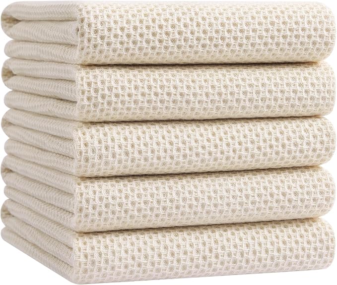 Homaxy 100% Cotton Oversized Waffle Weave Kitchen Towels, 5-Pack, Beige | 20 x 28 Inches, Ultra Soft Absorbent Dish Towels, Quick Drying Large Cleaning Towels