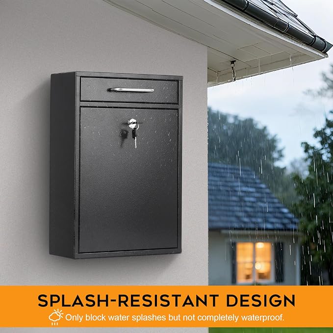 xydled Metal Mailbox Wall Mount, Large Locking Mailbox with Key Lock, Hanging Secure Postbox, Security Key Drop Box, Collection Boxes, Black, 17.6H x 12.2L x 5.7W Inches, XL Large