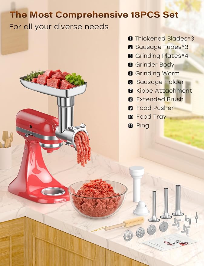 100% Polished Stainless Steel Meat Grinder Attachment for KitchenAid Mixer, Dishwasher Safe Food Grinder Attachment Anti-Corrosion, 18-Piece Set Includes 3 Seamless Sausage Stuffers, 4 Grinding Plates