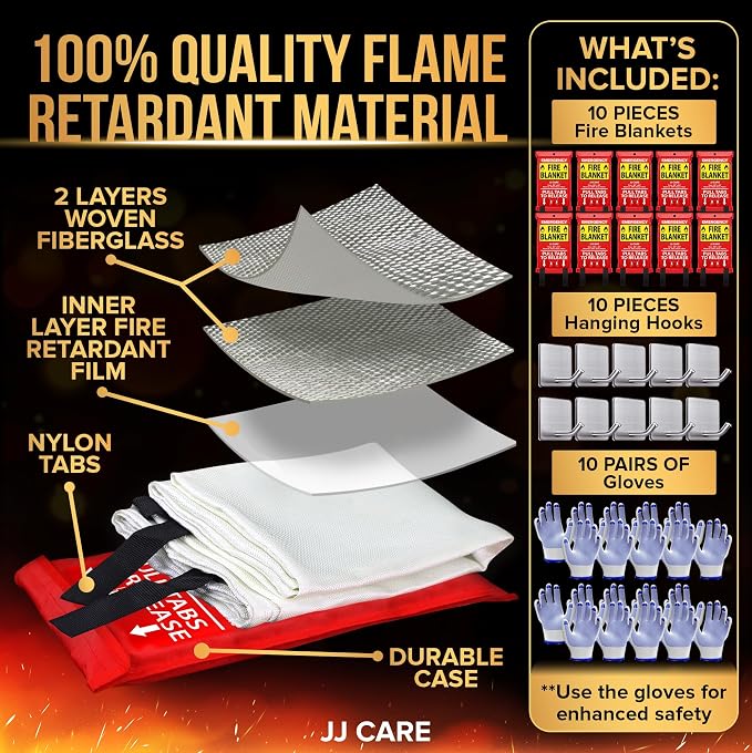 JJ CARE Fire Blanket – 10 Packs with Hooks and Gloves – 40” x 40” Fire Blankets Emergency for Home and Kitchen, High Heat Resistant and Flame Protection for Kitchen, Car, Office, Camping & Home Safety