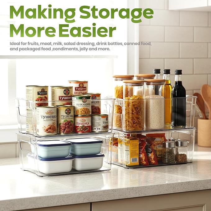 Utopia Home Plastic Stackable Storage Bins for Fridge, 8 Pack, Clear | Durable Plastic Storage Containers with Easy Grip Handles for Pantry, Kitchen Cabinets & Countertops