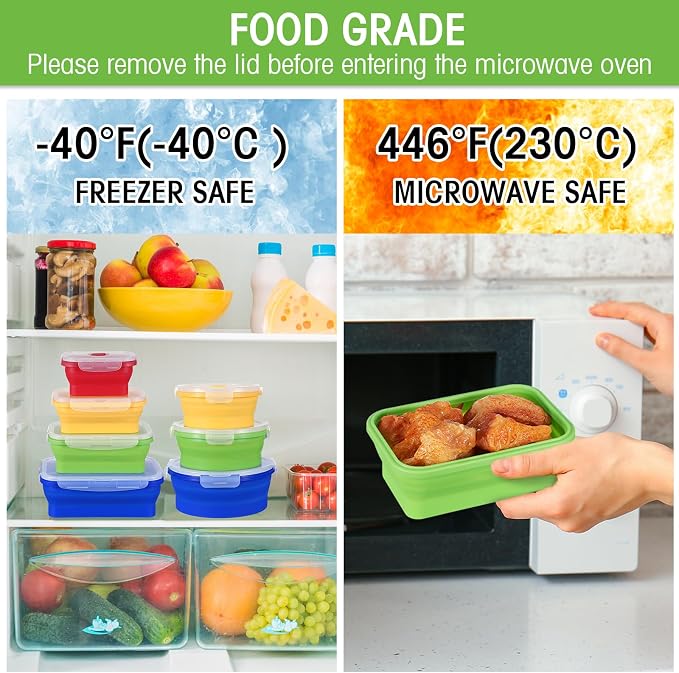 Yaomiao 16 Pack Collapsible Food Storage Containers with Lid Air Vent Foldable 8 Rectangle Storage Bowl and 8 Round Silicone Food Bow for Lunch Camping Rv Accessories Microwave Freezer(Bright Colors)