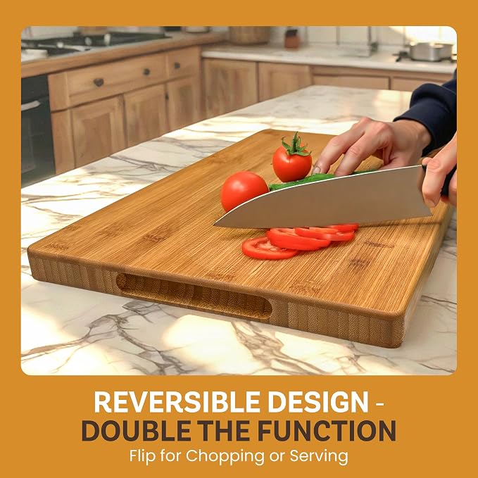 Wood Cutting Board for Kitchen - 1 Inch Thick Bamboo Wooden Chopping Board, Butcher Block Cutting Board with Juice Groove, Handles, Large Meat Cutting Board, Charcuterie Serving Board, 16 x 11
