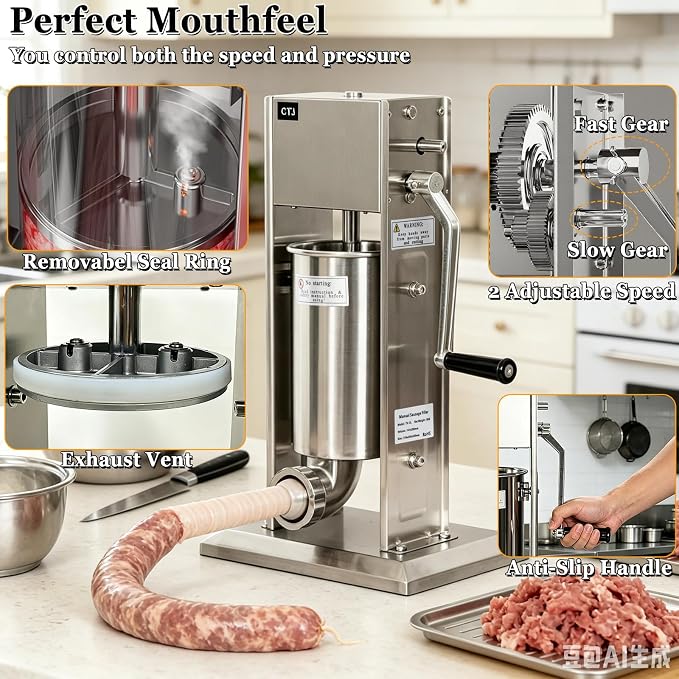CTJ Sausage Stuffers Stainless Steel Sausage & Churro Maker 3L/7Lb,Silver | Manual 2 in 1 Sausage Stuffer & Churro Maker, 2-Speed Adjustable Vertical Sausage Maker, 4 Stuffing Tubes & Churros Nozzle