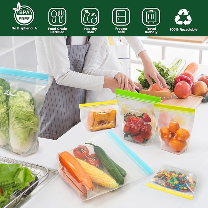 SPLF 20 Pack Reusable Snack Bags Dishwasher Microwave Safe | BPA Free Extra Thick Leakproof Reusable Food Storage Bags Silicone Free Snack Pouch Freezer Bags Fridge Organization