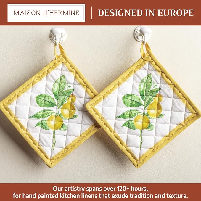 Maison d' Hermine Pot Holders 100% Cotton Potholders (8" x 8", Pack of 2) | Heat Resistant Hot Pads with Loop BBQ Cooking Baking Farmhouse Kitchen Handling Hot Pans Spring Summer - Limoncello