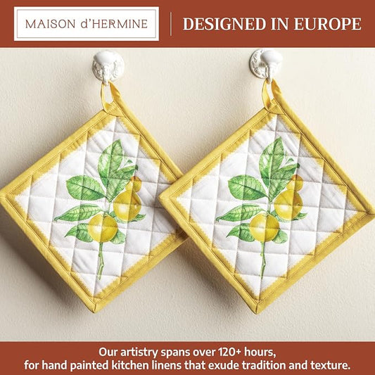 Maison d' Hermine Pot Holders 100% Cotton Potholders (8" x 8", Pack of 2) | Heat Resistant Hot Pads with Loop BBQ Cooking Baking Farmhouse Kitchen Handling Hot Pans Spring Summer - Limoncello