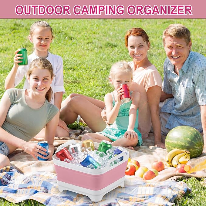 Yecuip Collapsible Baby Bottle Wash Basin w/Drying Rack & Drain Plug, Pink | 2.4 Gallon Foldable Dish Tub w/Handles,Portable RV Camping Sink & Space-Saving Wash Bin with Lid for Kitchen,Travel & Outdoor