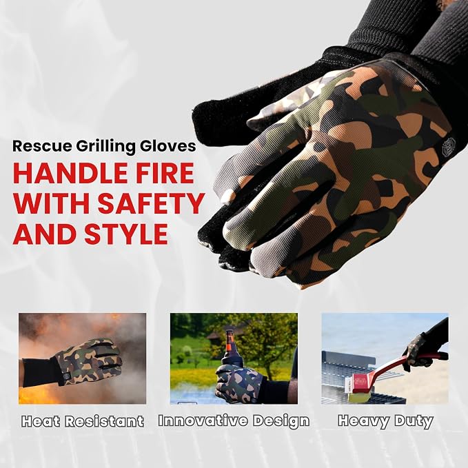 Grill Rescue Grilling Gloves 2.0 - Heat-Resistant Neoprene BBQ Gloves for Safe Grilling, Cooking, and Baking - Durable, One-Size-Fits-All - Version 2 (Camo)
