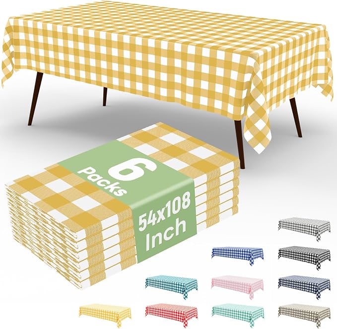 6 Packs Buffalo Disposable Table Cloth, 54 x 108 Inch Waterproof Plastic Tablecloth, Rectangle Gold and White Checkered Table Covers for Picnic, Birthday, Party, Back to School