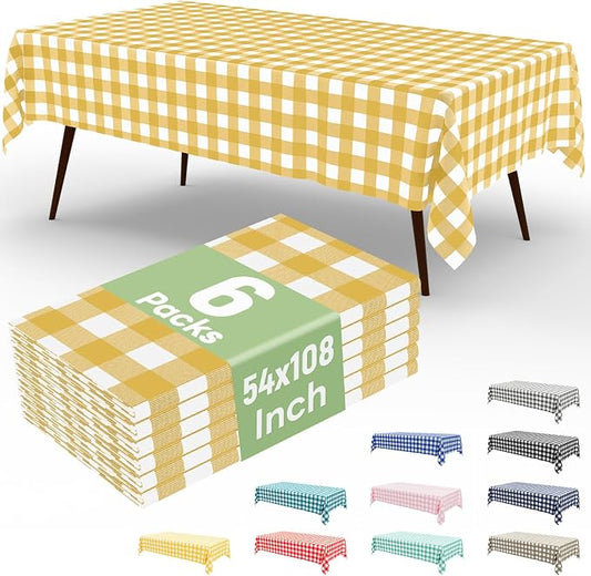 6 Packs Buffalo Disposable Table Cloth, 54 x 108 Inch Waterproof Plastic Tablecloth, Rectangle Gold and White Checkered Table Covers for Picnic, Birthday, Party, Back to School