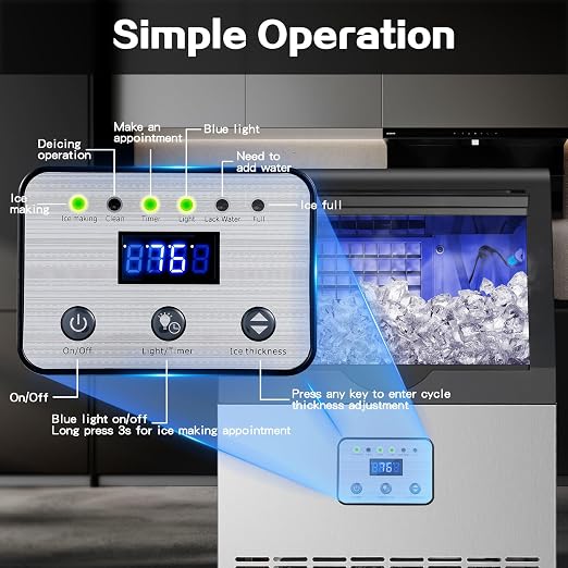 Amzgachfktch Commercial Ice Maker, 110lbs/24H Ice Maker Machine w/ 25 lbs Storage, 45 Ice Cubes in 12 Mins, Auto Self-Cleaning, Blue Light, Under Counter/Freestanding Ice Machine for Home Bar
