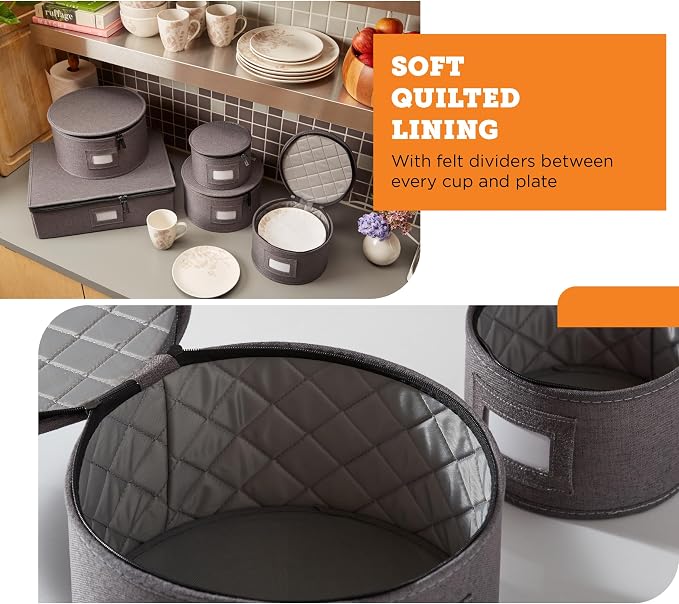 storageLAB 5-Piece China Storage Set | Plates & Mugs | Woven Linen | Gray | Full china set for 12 - 4 plate cases + mug case, zipper closure. Hard shell, felt dividers, stackable, top-load.