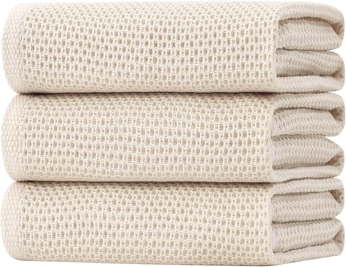 Homaxy 100% Cotton Oversized Waffle Weave Kitchen Towels, 3-Pack, Beige | 20 x 28 Inches, Ultra Soft Absorbent Dish Towels, Quick Drying Large Cleaning Towels