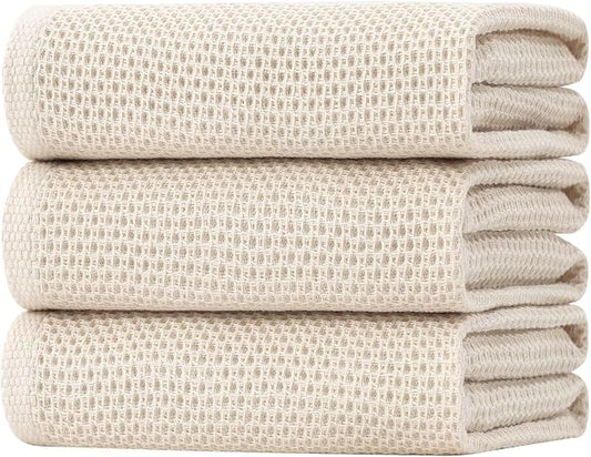 Homaxy 100% Cotton Oversized Waffle Weave Kitchen Towels, 3-Pack, Beige | 20 x 28 Inches, Ultra Soft Absorbent Dish Towels, Quick Drying Large Cleaning Towels
