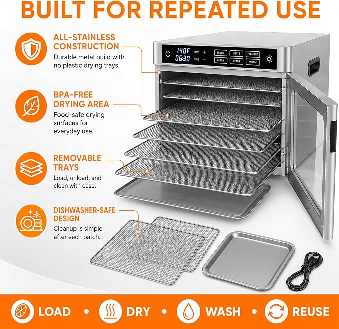 6-Tray Stainless Steel Food Dehydrator | jerky maker fruit dryer herb dehydrator dog treat maker digital food dehydrator countertop dehydrator