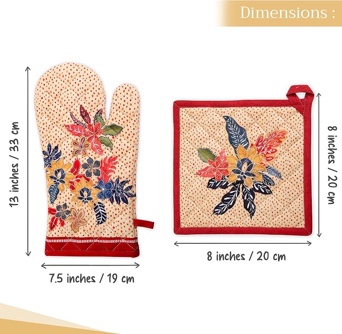 Maison d' Hermine 100% Cotton Oven Mitt & Pot Holder Set (7.5"x13" & 8"x8") | Heat Resistant BBQ Cooking Gloves with Loop Baking Grilling Kitchen Hotel Home Farmhouse Thanksgiving Christmas - Kalahari