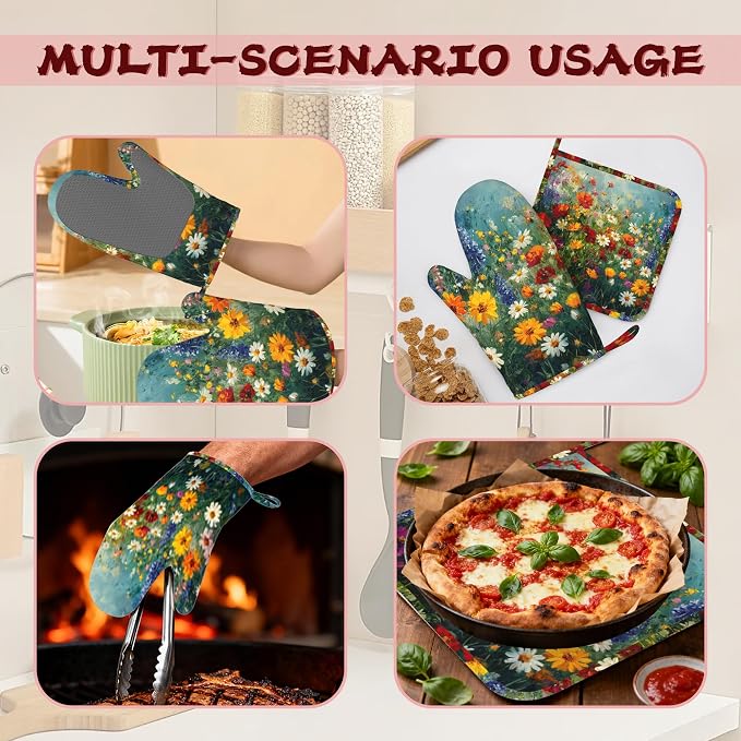 Vintage Oil Painting Flower Field Oven Mitts and Pot Holders (4PCS),Heat Resistant Non-Slip Silicone Kitchen Gloves for Cooking, Baking, BBQ Waterproof Kitchen Accessories