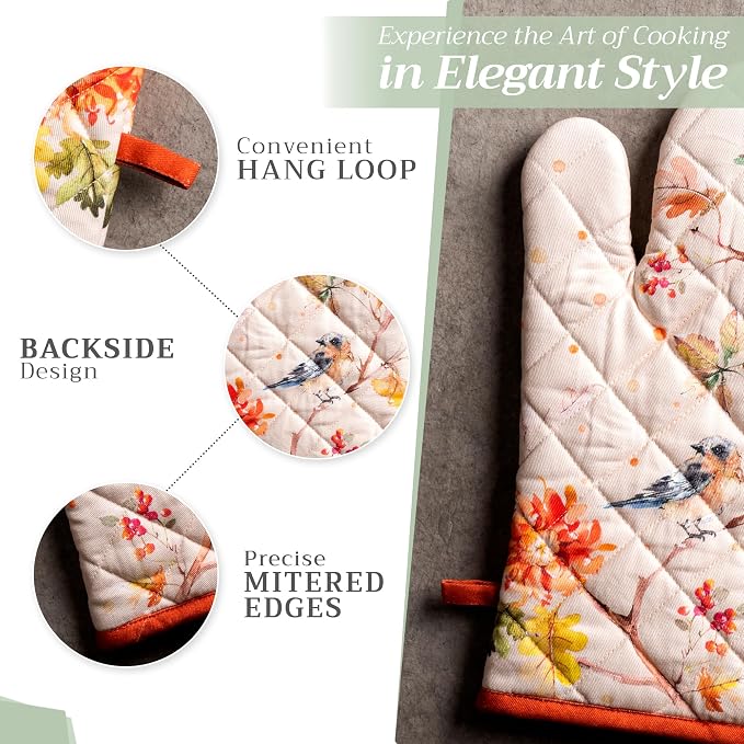 Maison d'Hermine Oven Gloves 100% Cotton Oven Mitt (7" x 13", Pack of 1) | With Loop Heat Resistant BBQ Cooking Gloves Baking Kitchen Handling Hot Pans Thanksgiving Christmas - Kelim - Prairie