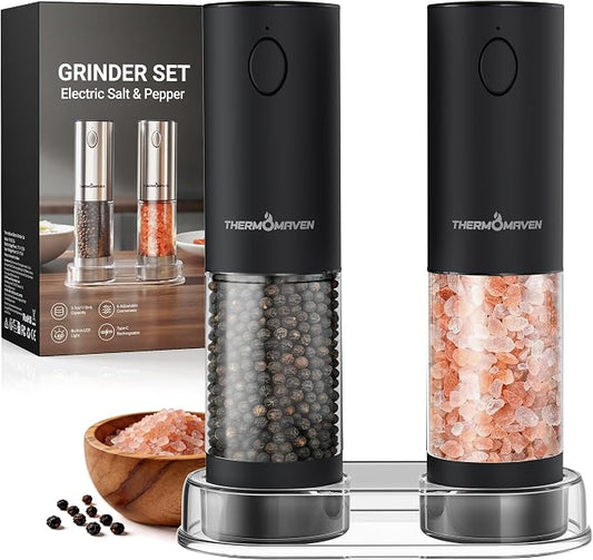 ThermoMaven Electric Salt and Pepper Grinder Set, 110ml Larger Rechargeable Automatic Salt and Pepper Mill Grinder with 6 Adjustable Coarseness, Electric Salt and Pepper Shakers, LED, Midnight Black