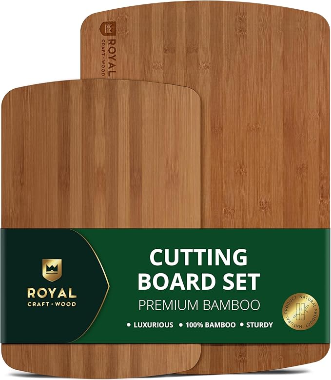 ROYAL CRAFT WOOD Wooden Cutting Boards for Kitchen Meal Prep & Serving - Bamboo Wood Serving Board Set with Deep Juice Groove Side Handles - Charcuterie & Chopping Butcher Block for Meat